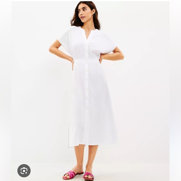 LOFT Dresses & Skirts - Ann Taylor LOFT white cotton gauzy button down shirt midi dress women size M
